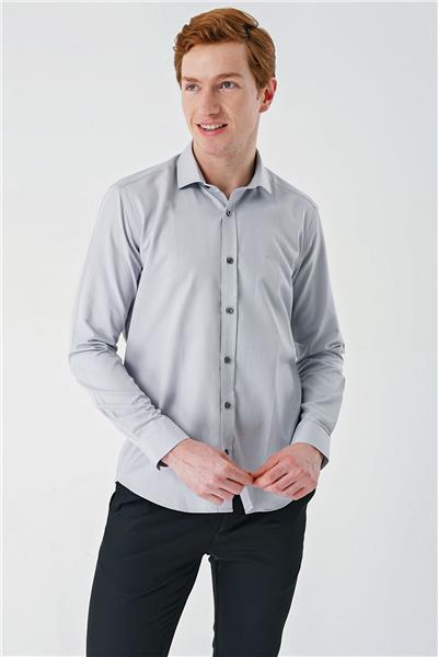 Gri Uzun Kollu Oxford Cepsiz Pamuklu Klasik Slim Fit Dar Kesim Gömlek 1004240235