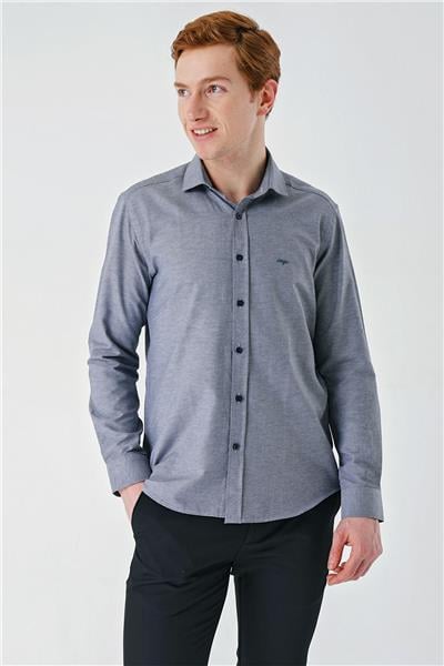 Gri Uzun Kollu Oxford Cepsiz Pamuklu Klasik Slim Fit Dar Kesim Gömlek 1004240235