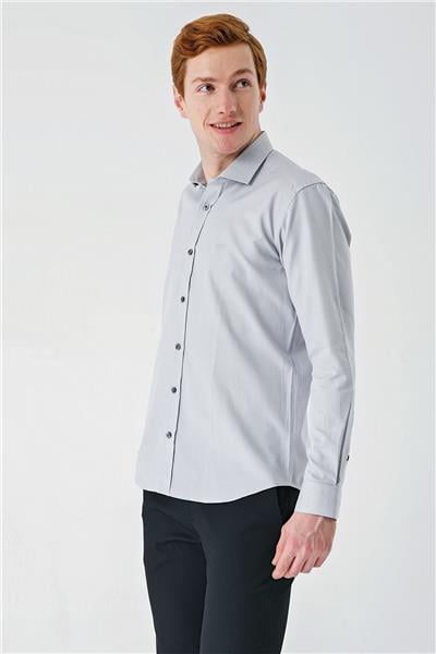 Gri Uzun Kollu Oxford Cepsiz Pamuklu Klasik Slim Fit Dar Kesim Gömlek 1004240235