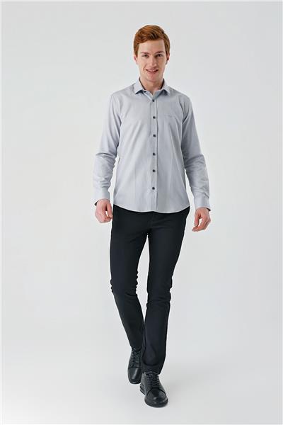 Gri Uzun Kollu Oxford Cepsiz Pamuklu Klasik Slim Fit Dar Kesim Gömlek 1004240235