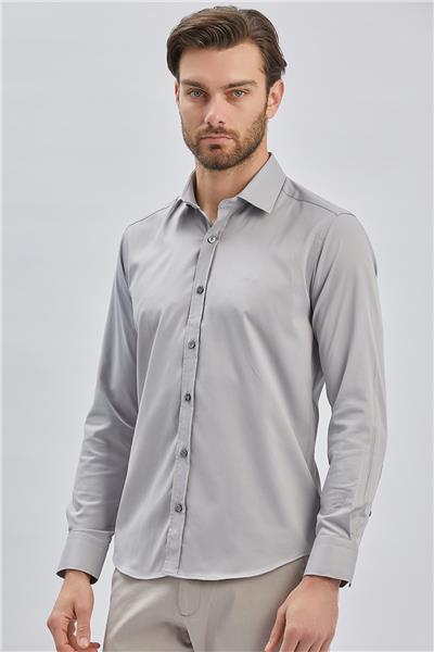 Gri Uzun Kollu Sert Yaka Cepsiz Pamuklu Likralı Klasik Slim Fit Dar Kesim Gömlek 1004240234