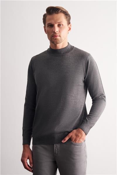 Gri Yarım Balıkçı Yaka Cepsiz Comfort Fit Classic Yünlü Triko Kazak 1012255001