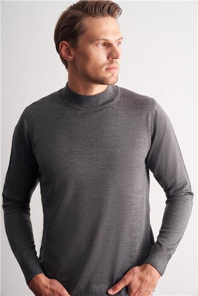 Gri Yarım Balıkçı Yaka Cepsiz Comfort Fit Classic Yünlü Triko Kazak 1012255001