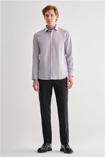 Gri Yarım İtalyan Yaka Uzun Kol Slim Fit Pamuklu Gömlek 1004255180