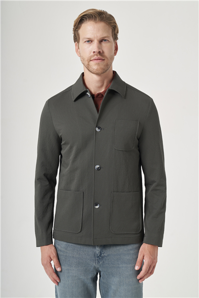 Haki Berberi Yaka Çizgili Desen Gofreli Slim Fit Casual Mont 1007260153