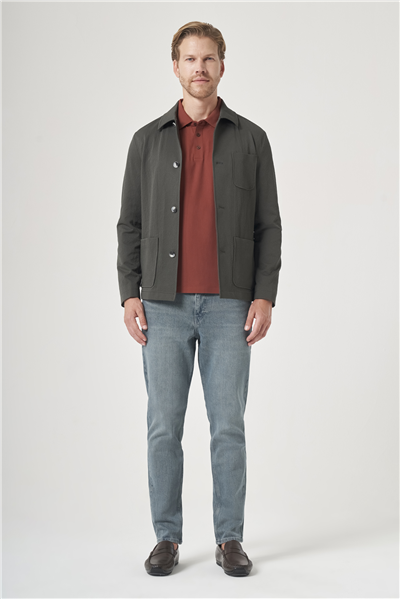 Haki Berberi Yaka Çizgili Desen Gofreli Slim Fit Casual Mont 1007260153