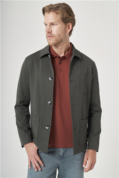 Haki Berberi Yaka Çizgili Desen Gofreli Slim Fit Casual Mont 1007260153