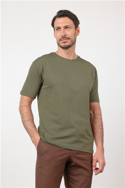 Haki Bisiklet Yaka Kısa Kol Cepsiz Slim Fit Pamuklu Tişört 1011260166