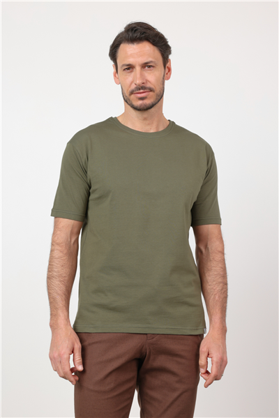 Haki Bisiklet Yaka Kısa Kol Cepsiz Slim Fit Pamuklu Tişört 1011260166