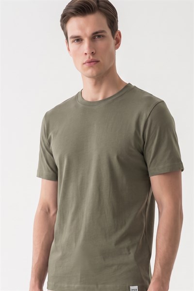 Haki Bisiklet Yaka Kısa Kol Slim Fit Pamuklu Tişört 1011265166