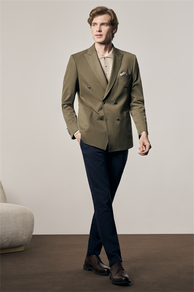 Haki Kılıç Yaka Astarlı Çift Yırtmaç Pamuklu 6 Drop Slim Fit Classic Kruvaze Ceket 1002255113