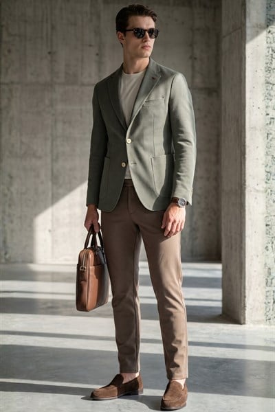 Haki Mono Yaka Gofreli 6 Drop Slim Fit Esnek Ceket 1002260151