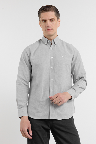 Haki Oxford Düğmeli Yaka Uzun Kol Cepsiz Slim Fit Pamuklu Gömlek 1004260182