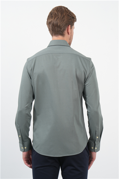 Haki Tulum Yaka Uzun Kol Cepsiz Örme Slim Fit Pamuklu Gömlek 1004260208