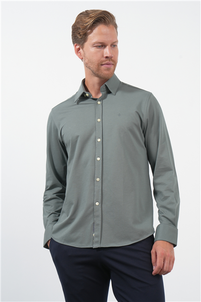 Haki Tulum Yaka Uzun Kol Cepsiz Örme Slim Fit Pamuklu Gömlek 1004260208