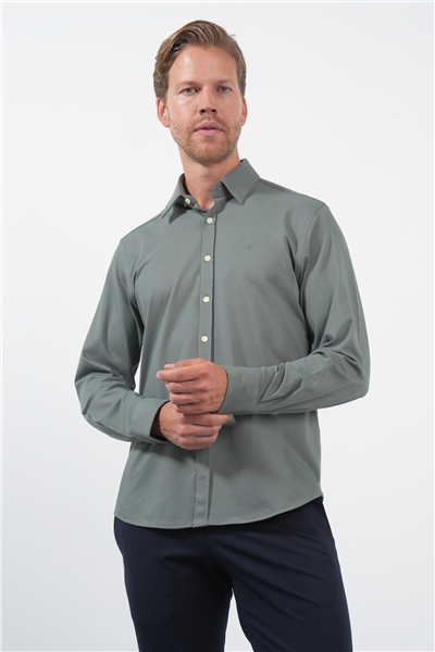 Haki Tulum Yaka Uzun Kol Cepsiz Örme Slim Fit Pamuklu Gömlek 1004260208