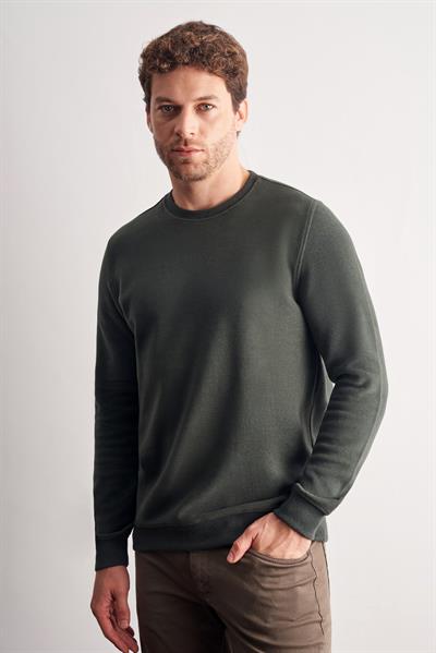 Haki Uzun Kol Bisiklet Yaka Düz Pamuklu Comfort Fit Sweatshirt 1013255150