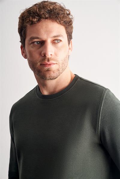 Haki Uzun Kol Bisiklet Yaka Düz Pamuklu Comfort Fit Sweatshirt 1013255150