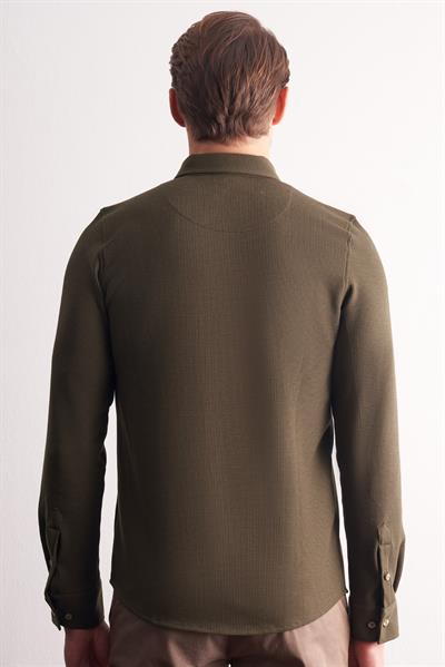 Haki Uzun Kol Düğmeli Yaka Kendinden Desenli Pamuklu Slim Fit Gömlek 1004255267