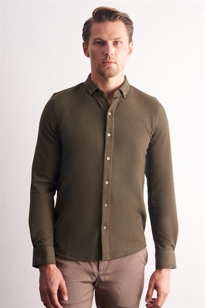 Haki Uzun Kol Düğmeli Yaka Kendinden Desenli Pamuklu Slim Fit Gömlek 1004255267