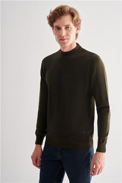 Haki Yarım Balıkçı Yaka Uzun Kol Cepsiz Comfort Fit Pamuklu Triko Kazak 1012255215