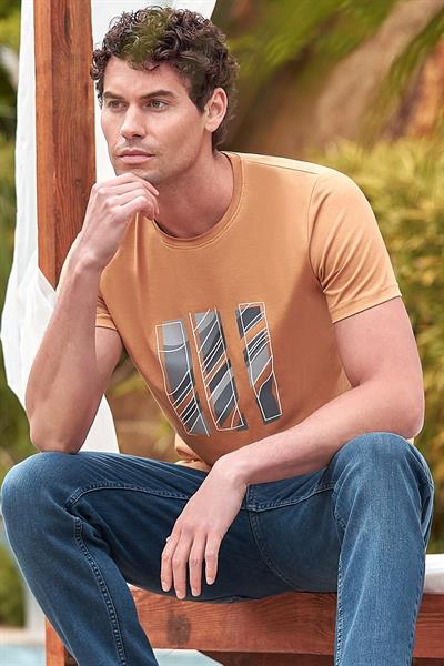 Hardal Baskılı Bez Ayağı Bisiklet Yaka %100 Pamuk Casual Slim Fit Dar Kesim Tişört 1011240165