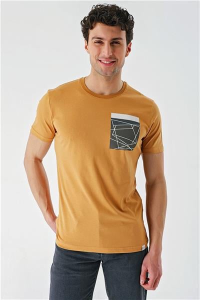 Hardal Baskılı Bez Ayağı Bisiklet Yaka %100 Pamuk Casual Slim Fit Dar Kesim Tişört 1011240169