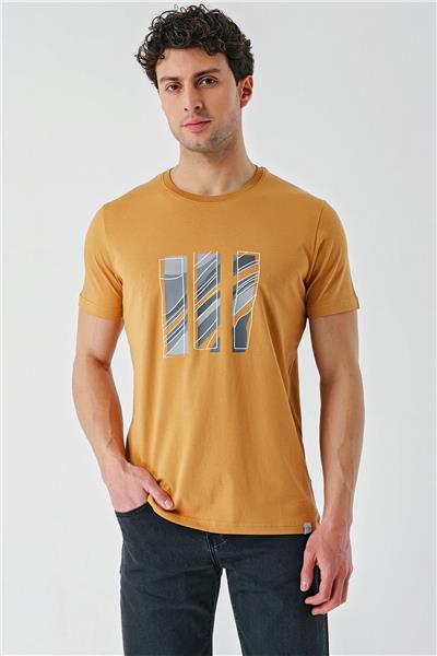 Hardal Baskılı Bez Ayağı Bisiklet Yaka %100 Pamuk Casual Slim Fit Dar Kesim Tişört 1011240165