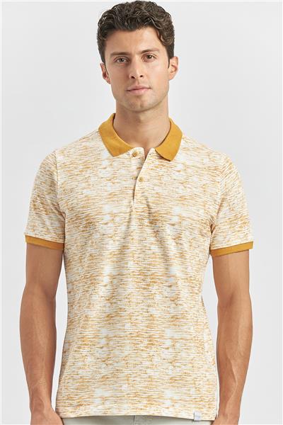 Hardal Baskılı Pike Polo Yaka Garnili %100 Pamuk Casual Slim Fit Dar Kesim Tişört 1011240157