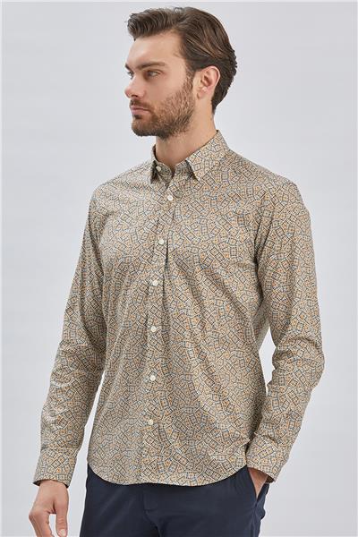 Uzun Kollu Baskılı Biritli Yaka Cepsiz Pamuklu Klasik Slim Fit Gömlek 1004240215