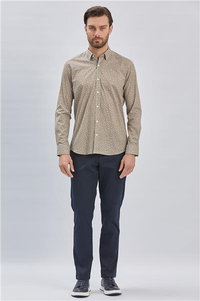 Uzun Kollu Baskılı Biritli Yaka Cepsiz Pamuklu Klasik Slim Fit Gömlek 1004240215