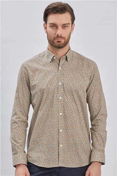 Uzun Kollu Baskılı Biritli Yaka Cepsiz Pamuklu Klasik Slim Fit Gömlek 1004240215