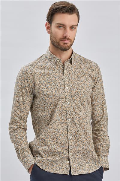 Uzun Kollu Baskılı Biritli Yaka Cepsiz Pamuklu Klasik Slim Fit Gömlek 1004240215