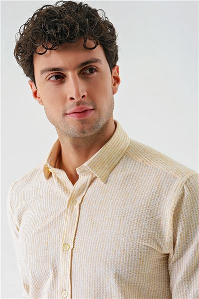 Hardal Uzun Kollu Çizgili Biritli Yaka Pamuklu Likralı Casual Slim Fit Dar Kesim Gömlek 1004240233