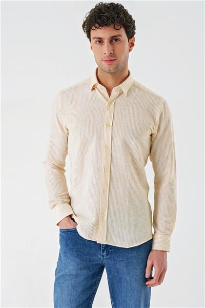Sarı Uzun Kollu Biritli Yaka Pamuklu Likralı Casual Slim Fit Gömlek 1004240233
