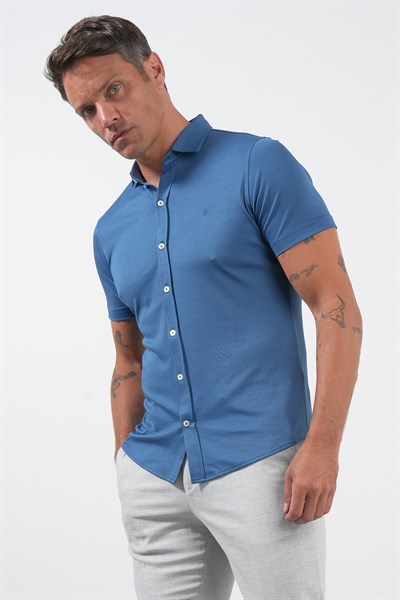 İndigo İtalyan Yaka Kısa Kol Cepsiz Slim Fit Pamuklu Gömlek 1004260158