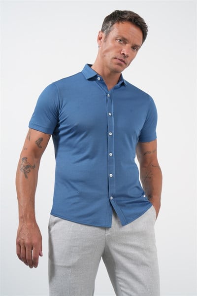 İndigo İtalyan Yaka Kısa Kol Cepsiz Slim Fit Pamuklu Gömlek 1004260158