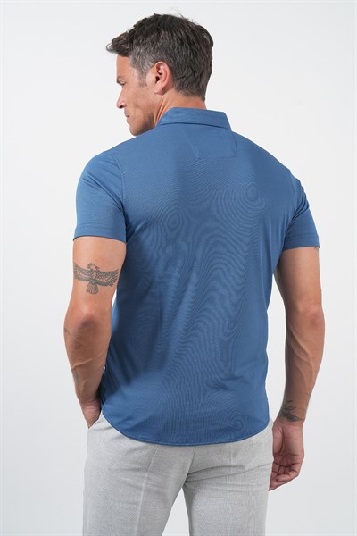 İndigo İtalyan Yaka Kısa Kol Cepsiz Slim Fit Pamuklu Gömlek 1004260158