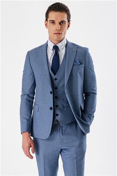 İndigo Mavi Desenli Kırlangıç Yaka Yelekli 6 Drop Slim Fit Dar Kesim Klasik Takım Elbise 1001240157