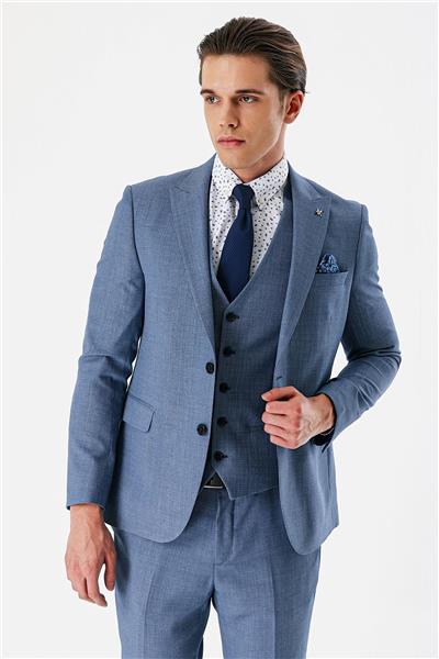 İndigo Mavi Desenli Kırlangıç Yaka Yelekli 6 Drop Slim Fit Dar Kesim Klasik Takım Elbise 1001240157