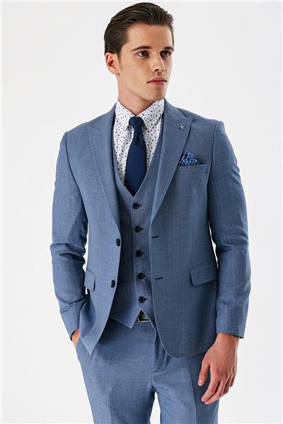 İndigo Mavi Desenli Kırlangıç Yaka Yelekli 6 Drop Slim Fit Dar Kesim Klasik Takım Elbise 1001240157