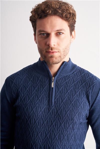 İndigo Mavi Dik Yaka Uzun Kol Cepsiz Slim Fit Casual Pamuklu Triko Kazak 1012255108