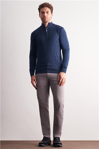 İndigo Mavi Dik Yaka Uzun Kol Cepsiz Slim Fit Casual Pamuklu Triko Kazak 1012255108