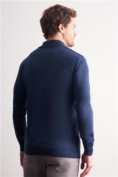 İndigo Mavi Dik Yaka Uzun Kol Cepsiz Slim Fit Casual Pamuklu Triko Kazak 1012255108