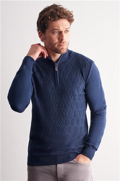 İndigo Mavi Dik Yaka Uzun Kol Cepsiz Slim Fit Casual Pamuklu Triko Kazak 1012255108