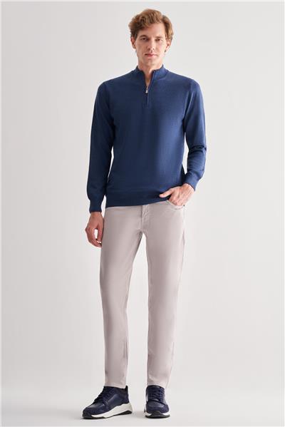 İndigo Mavi Fermuarlı Dik Yaka Uzun Kol Cepsiz Comfort Fit Classic Pamuklu Triko Kazak 1012255201