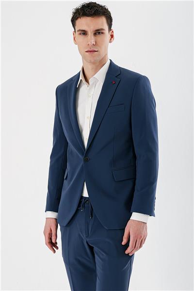 İndigo Mavi Mono Yaka Çift Yırtmaç Likralı 6 Drop Slim Fit Dar Kesim Klasik Takım Elbise 1001240164