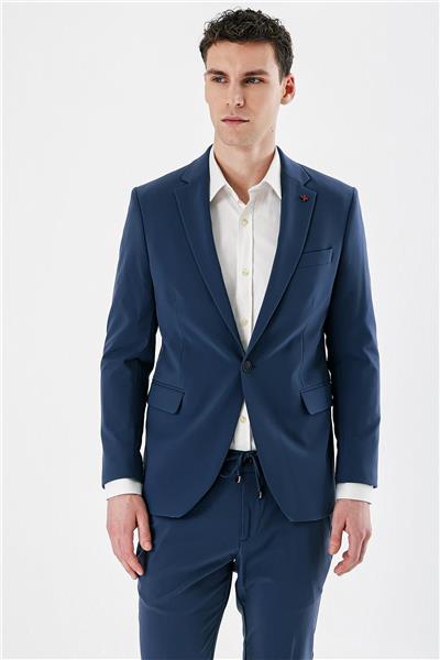 İndigo Mavi Mono Yaka Çift Yırtmaç Likralı 6 Drop Slim Fit Dar Kesim Klasik Takım Elbise 1001240164