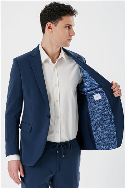 İndigo Mavi Mono Yaka Çift Yırtmaç Likralı 6 Drop Slim Fit Dar Kesim Klasik Takım Elbise 1001240164