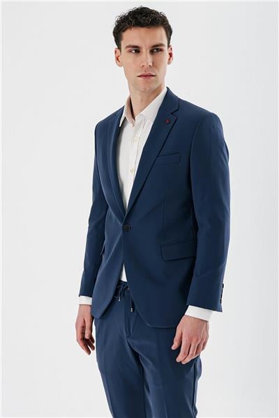 İndigo Mavi Mono Yaka Çift Yırtmaç Likralı 6 Drop Slim Fit Dar Kesim Klasik Takım Elbise 1001240164